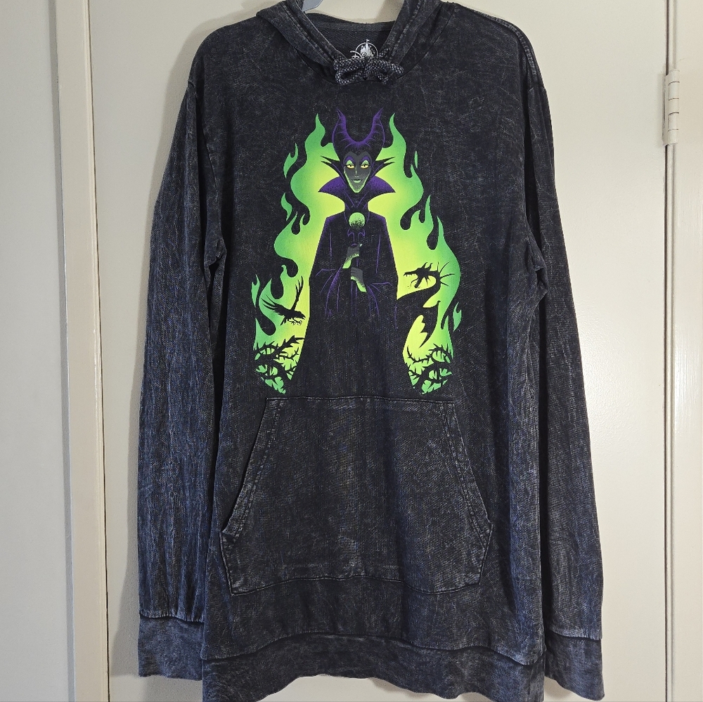 Disney Parks Black Mineral Wash Maleficent Tunic Length Hoodie Size Medium